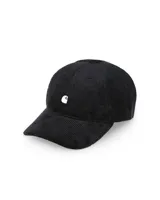 Gorra de béisbol negra de pana con logo bordado en blanco en el frente.