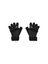 Par de guantes deportivos Under Armour negros, sin dedos, con logo blanco en el dorso y muñequera ajustable.