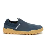 Zapatillas Caterpillar Hex Slip On color azul marino, sin cordones, de gamuza con suela de goma color caramelo.