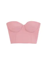 Corset strapless color beige, de corte sastrero con copas y espalda ajustable con tiras entrecruzadas.