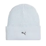Gorro beanie de lana Puma Metal Cat unisex, color celeste con logo metálico de Puma en el frente.