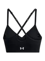 Top deportivo negro Under Armour con escote en V, tirantes finos y logo de la marca en el contorno inferior. Ideal para actividades de bajo impacto.