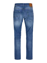 Jean de calce tapered, color azul denim, con tiro alto, rodilla cómoda y abertura de pierna ceñida.