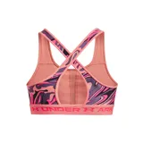 Top deportivo Under Armour con estampado abstracto en tonos verde militar y negro, breteles finos blancos y banda elástica con logo de la marca.