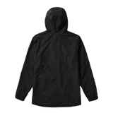 Campera impermeable negra con capucha y múltiples bolsillos frontales, diseñada para proteger del agua.