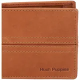 Billetera de cuero color caramelo con costuras a la vista y logo de la marca grabado en la parte inferior.