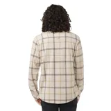 Camisa de manga larga a cuadros beige, con dos bolsillos frontales con solapa y cierre de botón.