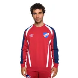Buzo deportivo Umbro del Club Nacional de Football, color rojo con mangas azul marino y detalles en blanco. Presenta el logo de Umbro bordado en el pecho y el escudo del club en el lado izquierdo.