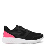 Zapatillas deportivas negras con detalles en fucsia, diseño ligero y suela blanca.