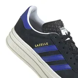Championes Adidas Gazelle Bold, color negro con detalles en azul y suela de plataforma blanca.