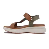 Sandalias de cuero color marrón claro, con plataforma blanca y ajuste con velcro.