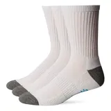 Pack de tres calcetines deportivos tipo crew (a media caña), color blanco, con talón y puntera reforzados en color gris oscuro. Presentan tejido acanalado en la caña y amortiguación en la planta.