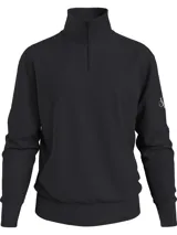 Buzo negro de felpa de algodón orgánico con cuello alto con cremallera, puños y bajo de canalé, bolsillo canguro y parche con logo en la manga.