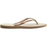 Ojotas Havaianas modelo Slim Point, color marrón terracota con tiras finas en tono metálico gris/plateado.
