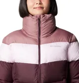 Campera puffer Columbia Puffect II con bloques de color gris, blanco y negro. Tiene aislamiento Thermarator™, tejido deperlante al agua, protector de mentón, bolsillos laterales con cremalleras y puños elásticos.