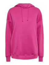 Buzo canguro con capucha color fucsia, de corte oversize y manga larga.