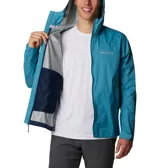 Campera impermeable Columbia Evapouration Jacket, color celeste, con capucha ajustable, cierre frontal completo, bolsillos laterales con cierre y ventilación en las axilas.