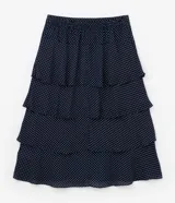 Pollera midi de crepé azul marino con lunares blancos, cintura elástica y volados en capas.