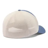 Gorra de béisbol Columbia color beige con paneles traseros de malla azul marino y logo de la marca bordado en el frente.