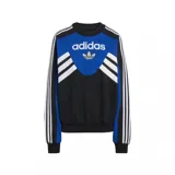 Buzo de cuello redondo Adidas, diseño colorblock en negro, azul eléctrico y blanco. Presenta el logo del Trifolio en dorado en el pecho y las tres franjas blancas sobre fondo negro en las mangas.