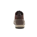 Bota de cuero marrón con cordones, caña media y suela de goma color beige.
