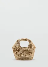 Bolso de mano dorado con lentejuelas, forro interior, bolsillo interior y cierre magnético.