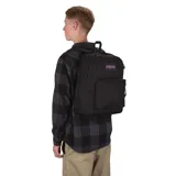 Mochila negra JanSport Superbreak Plus con compartimento interno para laptop y bolsillo lateral para botella.