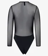 Body negro de tule con escote en V cruzado y mangas largas transparentes.