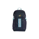 Mochila deportiva Adidas, color azul marino oscuro, con tres franjas verticales en celeste claro, blanco y celeste, y logo de Adidas en dorado. Presenta correas ajustables y detalles en celeste claro.