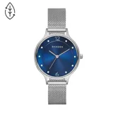 Reloj Skagen Moxi con caja plateada de 30mm y malla de acero inoxidable plateada. Esfera azul sunray con marcadores de cristal.