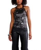 Top halter de lentejuelas negras y plateadas con borde de encaje negro en el escote. Presenta espalda tipo racerback cubierta de encaje.