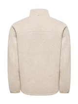 Campera polar color beige jaspeado, con cuello alto, cierre frontal completo y bolsillo vertical con cierre en el pecho.