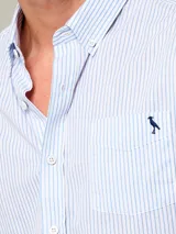 Camisa de vestir a rayas verticales azules y blancas, de corte regular fit y manga larga.