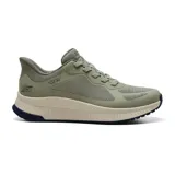 Championes deportivos Skechers Hands Free Slip-ins Bobs Squad Chaos 4, color verde oliva, con capellada de malla, cordones elásticos, plantilla Memory Foam y suela de tracción flexible.