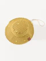 Piluso de algodón color marrón con rayas verticales amarillas y estampado de hojas.