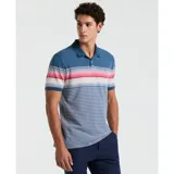 Polo de piqué a rayas horizontales en tonos azul, blanco y rosa. Cuello clásico y logo bordado en el pecho.