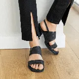 Sandalias negras de cuero vacuno con dos tiras anchas sobre el empeine y una tira fina trasera. Taco de madera de 5 cm y horma cuadrada.