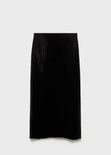 Falda midi negra de tejido satinado con plisado fino, cintura elástica y corte evasé.