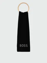 Bufanda negra de lana con detalle de logo Boss en cuero sintético.