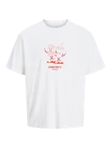 Camiseta blanca de algodón con cuello redondo y estampado frontal de una hamburguesa y un refresco.