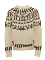 Sweater de lana de alpaca y oveja color crudo con diseño geométrico en tonos marrones.