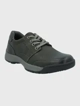 Zapato acordonado de cuero color gris con cuello acolchado y suela de goma.