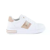 Zapatillas deportivas de color blanco con detalles en dorado, diseño cómodo y versátil.