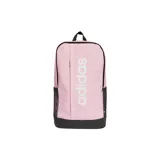 Mochila Adidas Linear color rosa con base negra y logo Adidas en blanco. Cuenta con un compartimento principal con cierre, un bolsillo frontal con cierre, bolsillos laterales de malla y correas acolchadas ajustables.