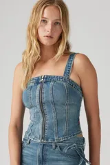 Bustier de jean con cierre frontal y breteles anchos.