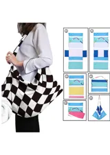 Bolso de playa con estampado a cuadros rojos y blancos, con asas de tela a juego.