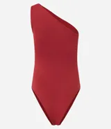 Body básico color durazno, con escote asimétrico y un solo hombro. Confeccionado en microfibra de poliamida y elastano.