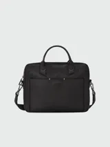Maletín de cuero negro con doble asa de mano, correa bandolera ajustable y extraíble, bolsillo frontal y cierre superior con cremallera.