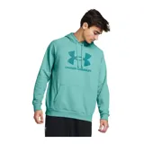 Buzo gris de Under Armour, línea Rival Fleece, con capucha y logo estampado en el frente.