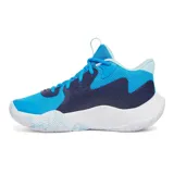 Championes de básquet Under Armour Jet 23, color azul con detalles en blanco y rojo. Presentan el logo de Under Armour en el lateral y cordones rojos.